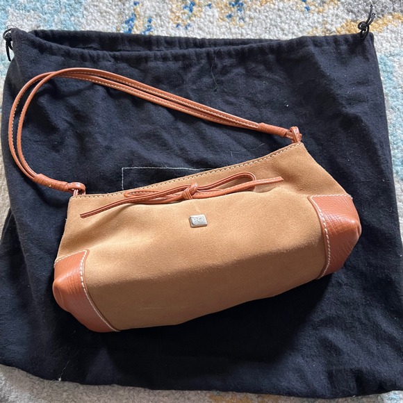 VTG PG Suede Leather Shoulder Bag Tan Brown Bow Accent Y2K Small Purse Designer - Picture 2 of 12